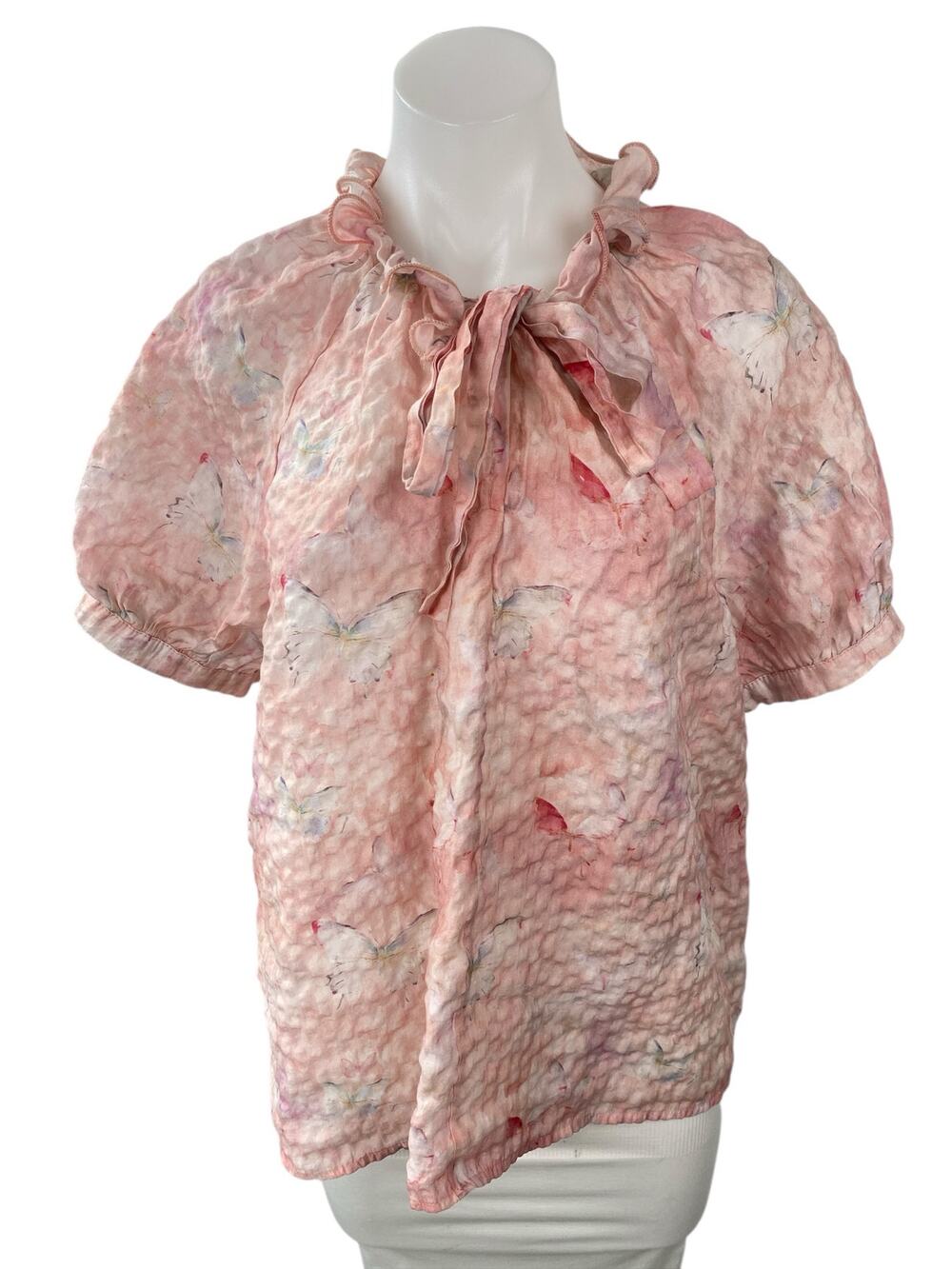 Alice Blue Women's Pink Butterfly Pink Short Puff Sleeve Tie Ruffle Blouse Top L